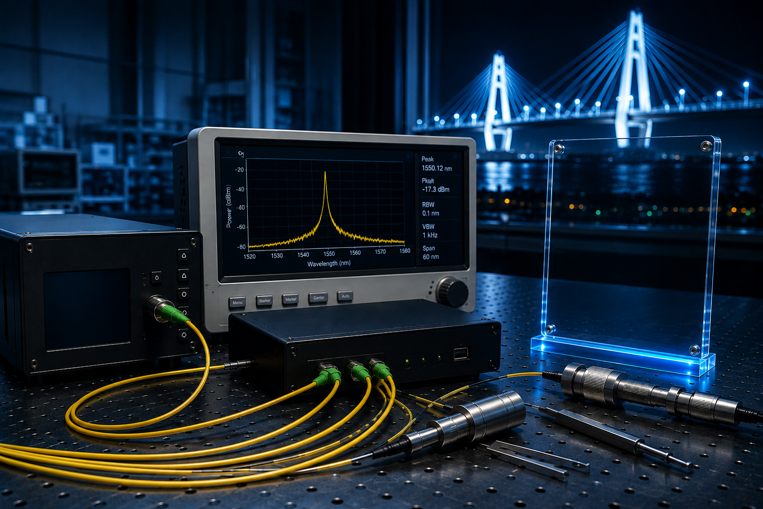 Fiber optic sensing equipment with an illuminated suspension bridge visible beyond